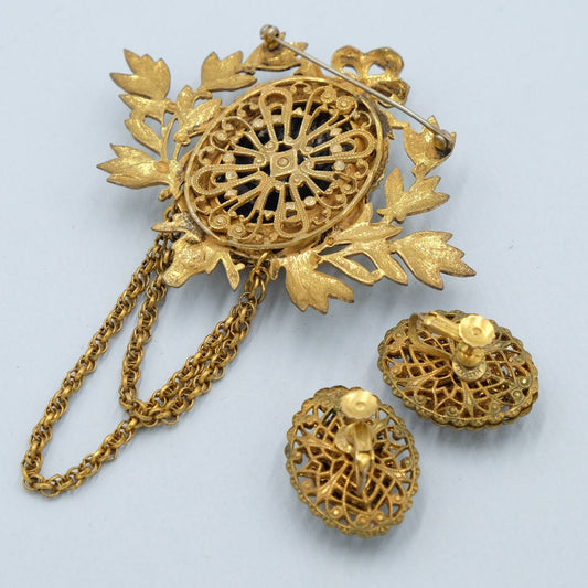 Miriam Haskell Green Decorative Intaglio Pin and Earrings Set 1970s