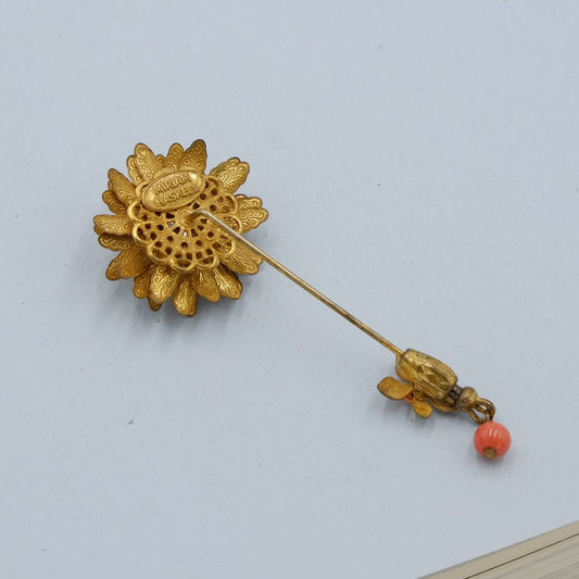 Miriam Haskell Stick Pin Coral Glass Flower 1950s