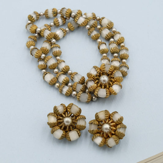 Miriam Haskell Satin Glass Set Bracelet and Earrings 1960s