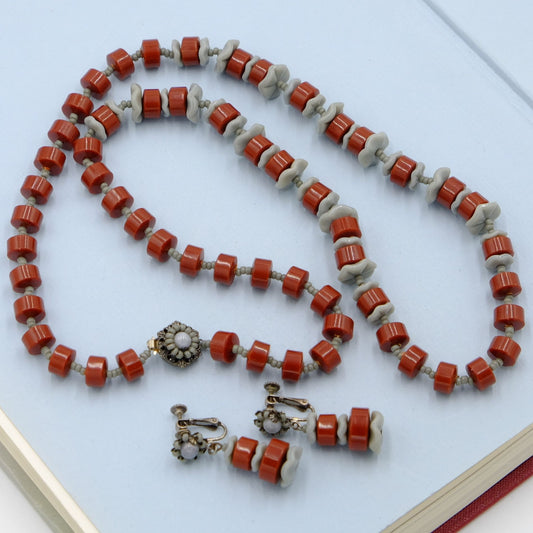 Vintage Miriam Haskell Carnelian Grey Plastic Beads Necklace and Earrings 1970s