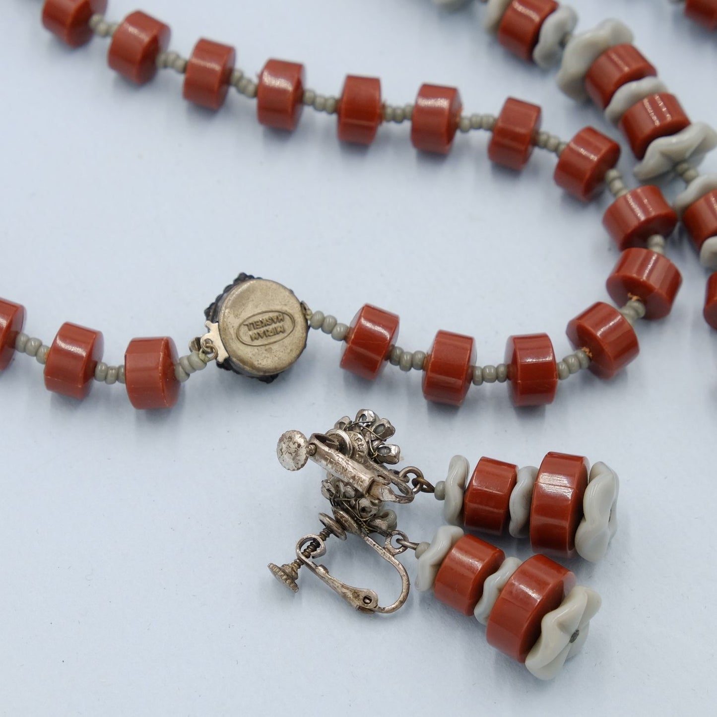 Vintage Miriam Haskell Carnelian Grey Plastic Beads Necklace and Earrings 1970s