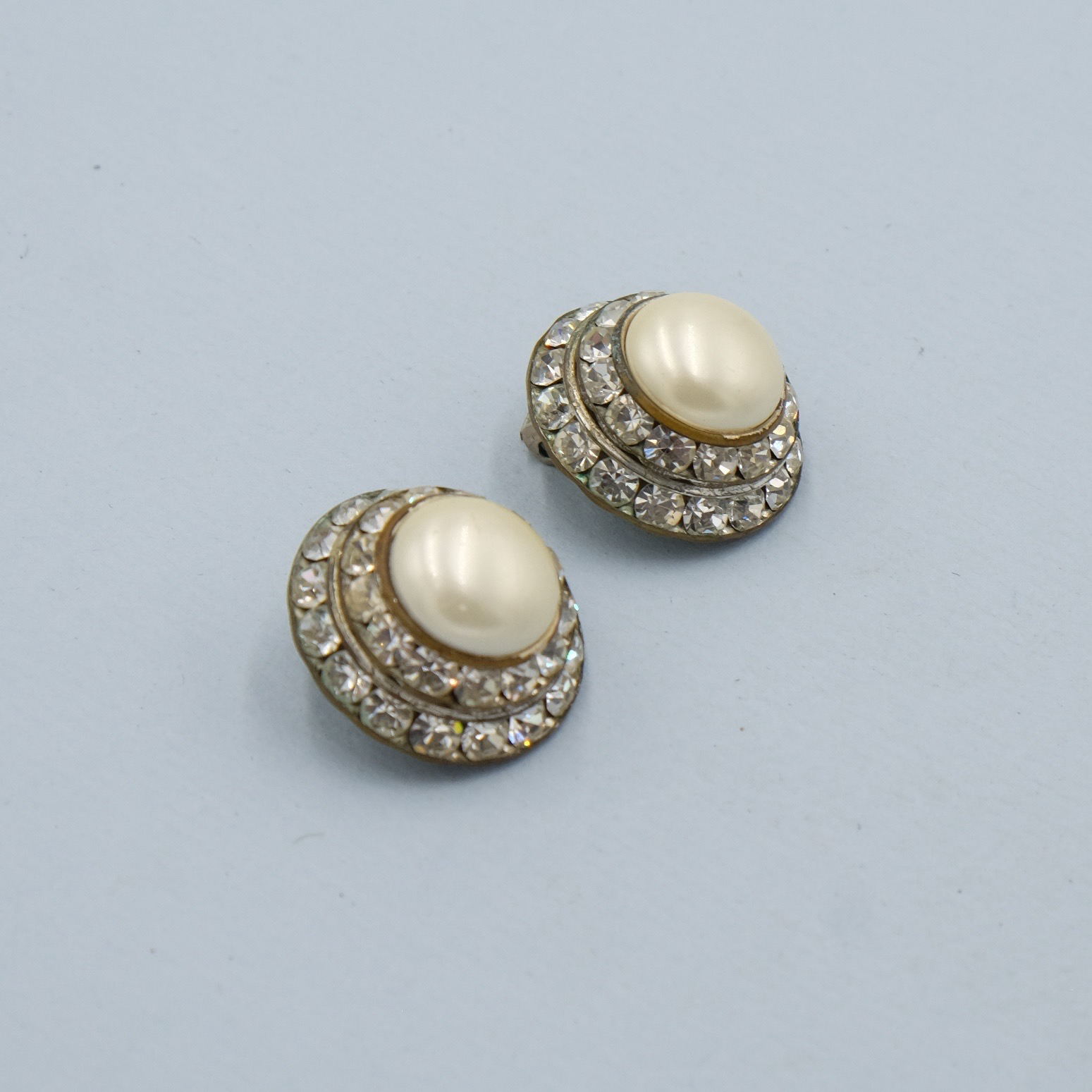 Vintage Faux Pearl Dome Earrings with Rhinestones 1930s