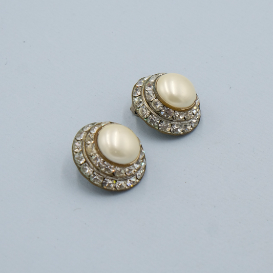Vintage Faux Pearl Dome Earrings with Rhinestones 1930s