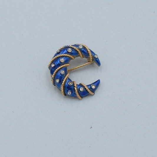 Vintage Trifari Enamel Blue Crescent Pin 1960s