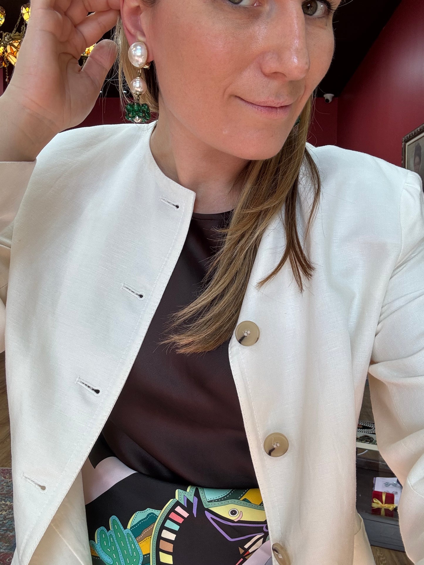 Vintage French Dangle Earrings with Green Glass 1970s