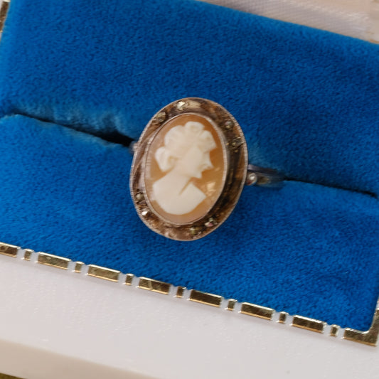 Victorian Cameo Diamond Chips Silver Ring