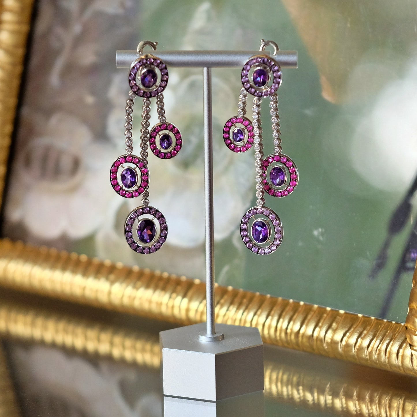 Vintage Diamond, Amethyst, Pink Topaz 18k White Gold Earrings
