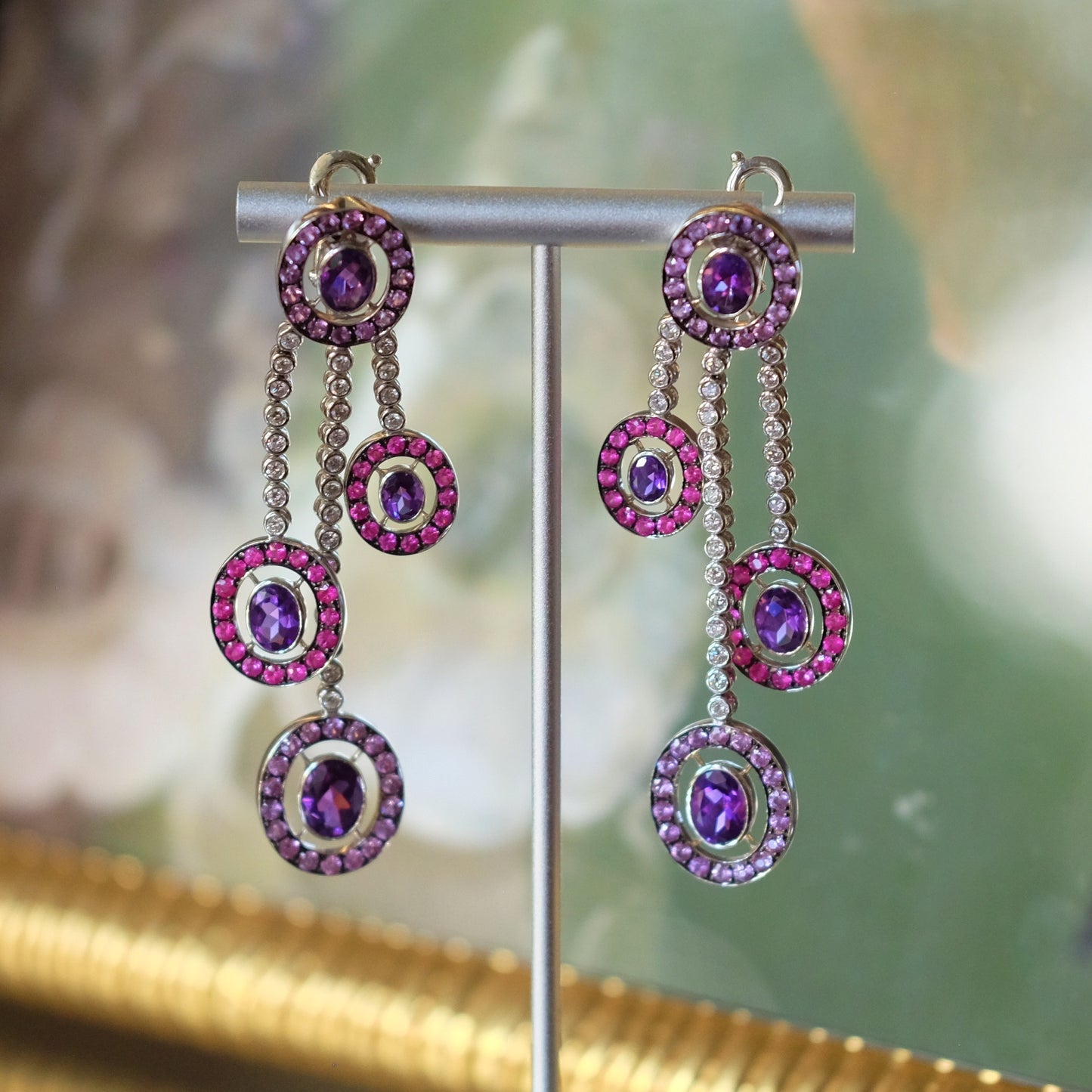 Vintage Diamond, Amethyst, Pink Topaz 18k White Gold Earrings