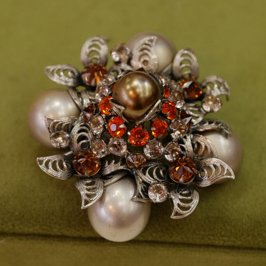 Vintage Schreiner Dimensional Pearl Dome Brooch Signed 1950s
