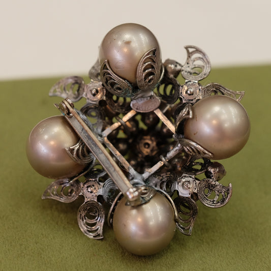 Vintage Schreiner Dimensional Pearl Dome Brooch Signed 1950s