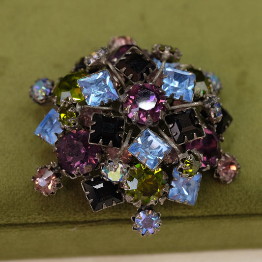 Schreiner Green Purple Blue Brooch Signed 1960s