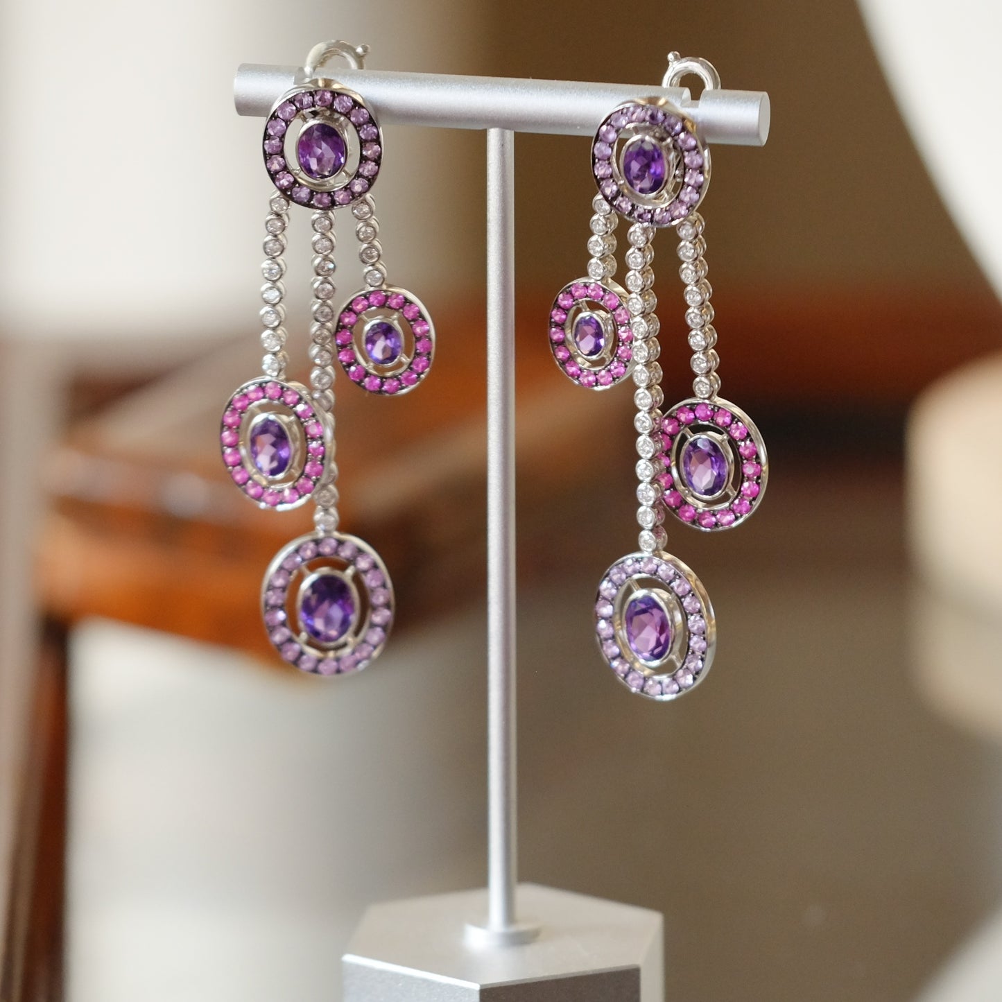 Vintage Diamond, Amethyst, Pink Topaz 18k White Gold Earrings