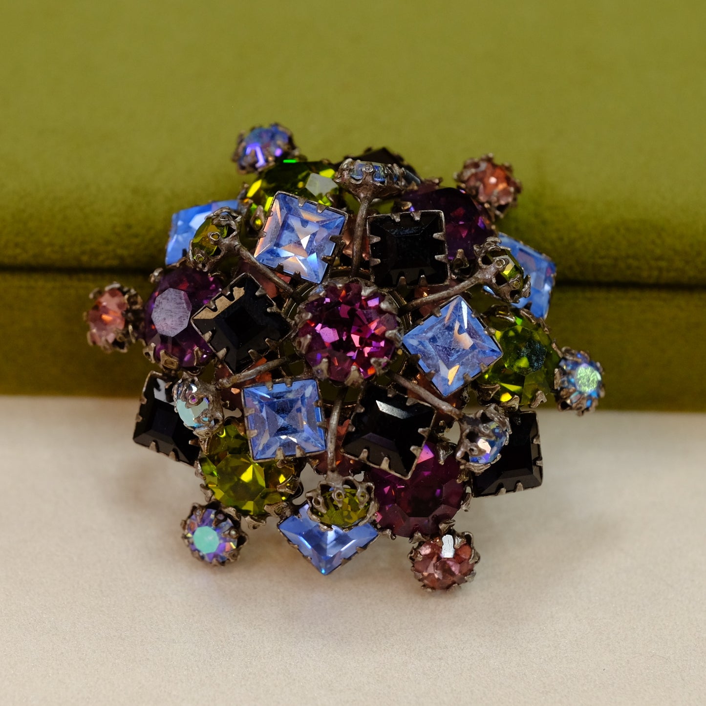 Schreiner Green Purple Blue Brooch Signed 1960s