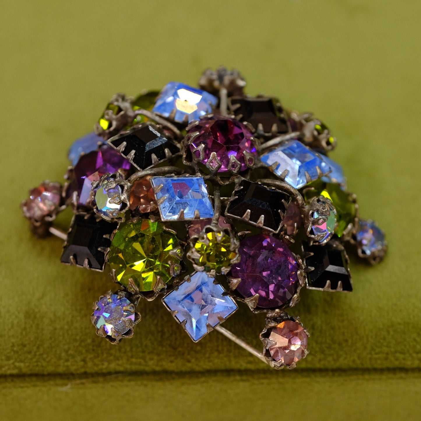 Schreiner Green Purple Blue Brooch Signed 1960s