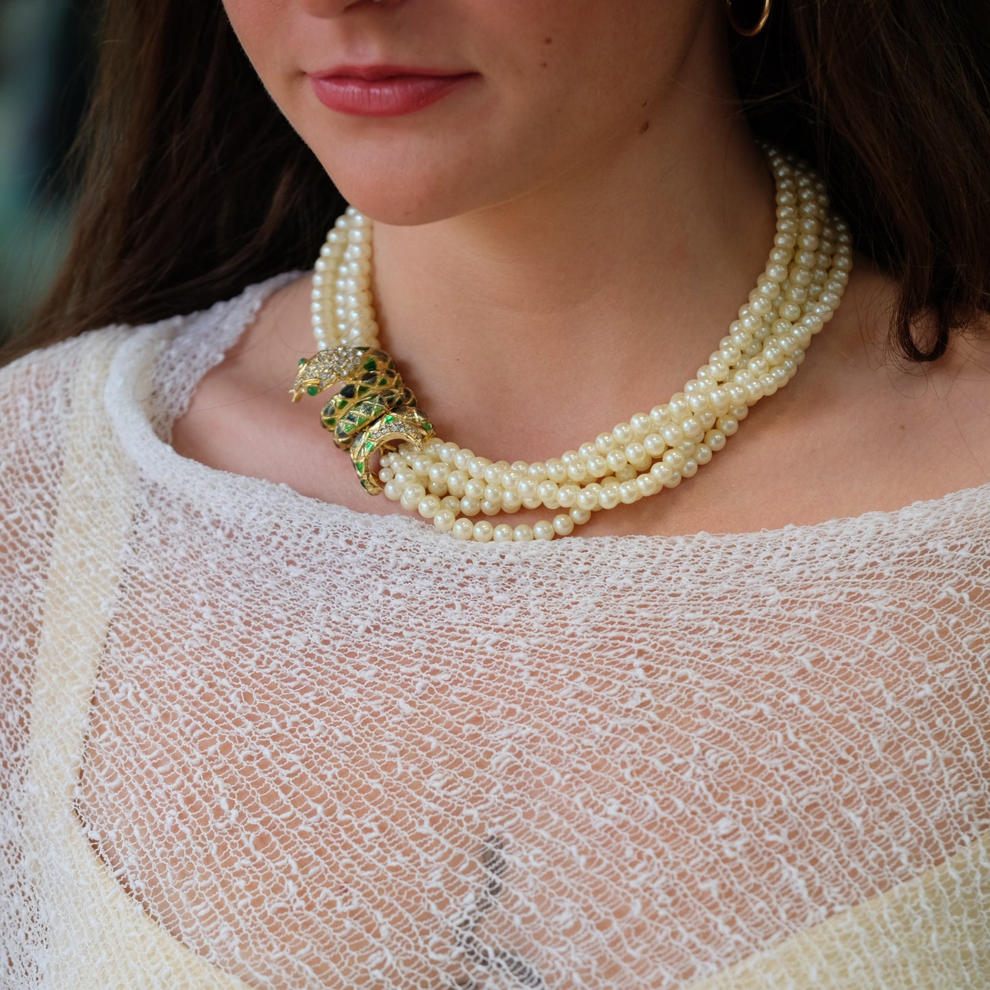 Designer Faux Pearl Snake Enamel Clasp Necklace 1980s