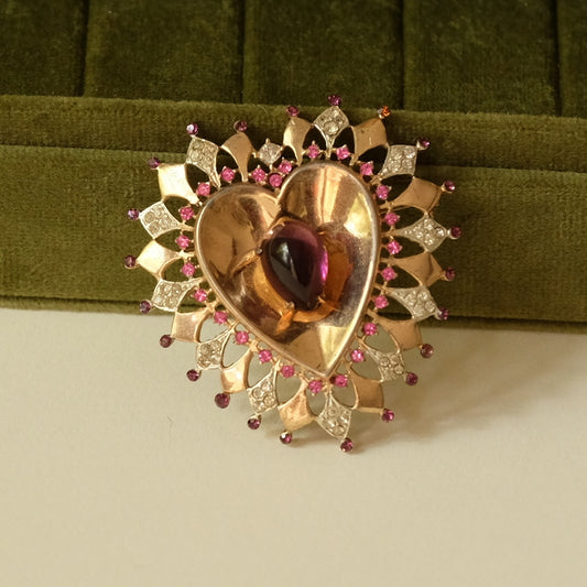 Vintage Sterling Heart Pin with Purple Cabochon 1940s