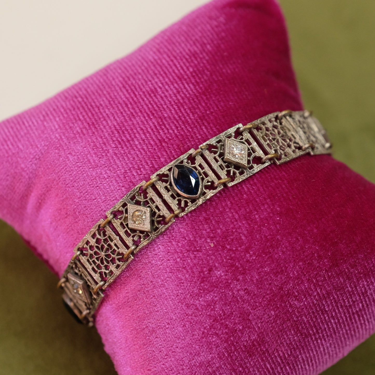 Edwardian filigree with cobalt czech glass stones bracelet 1915-1925