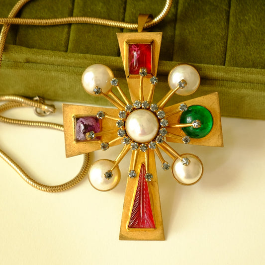 Collectible Yves Saint Laurent Multicolor Cross Pin and Pendant 1970s