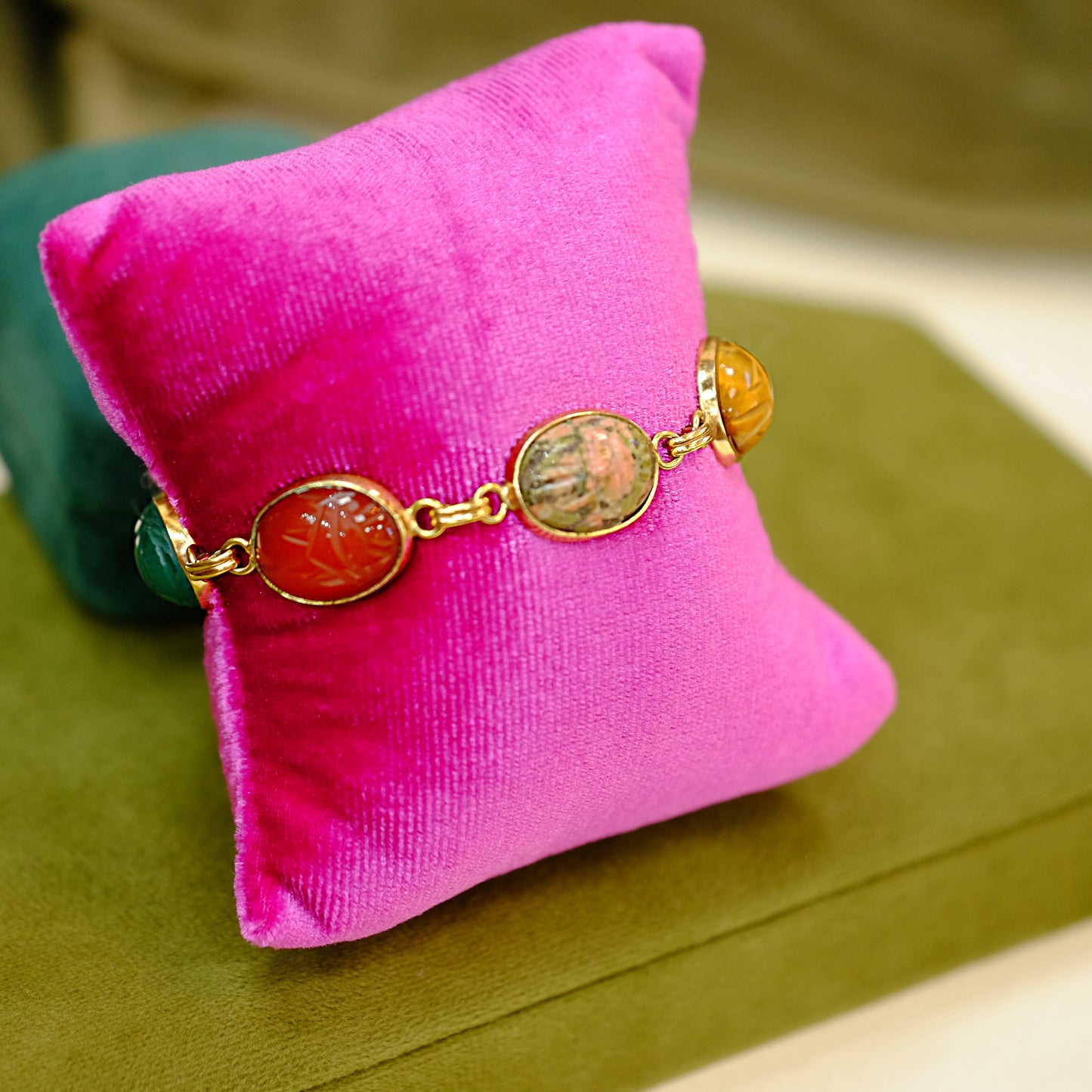 Gold-Filled Bracelet with Multicolored Scarab Stones