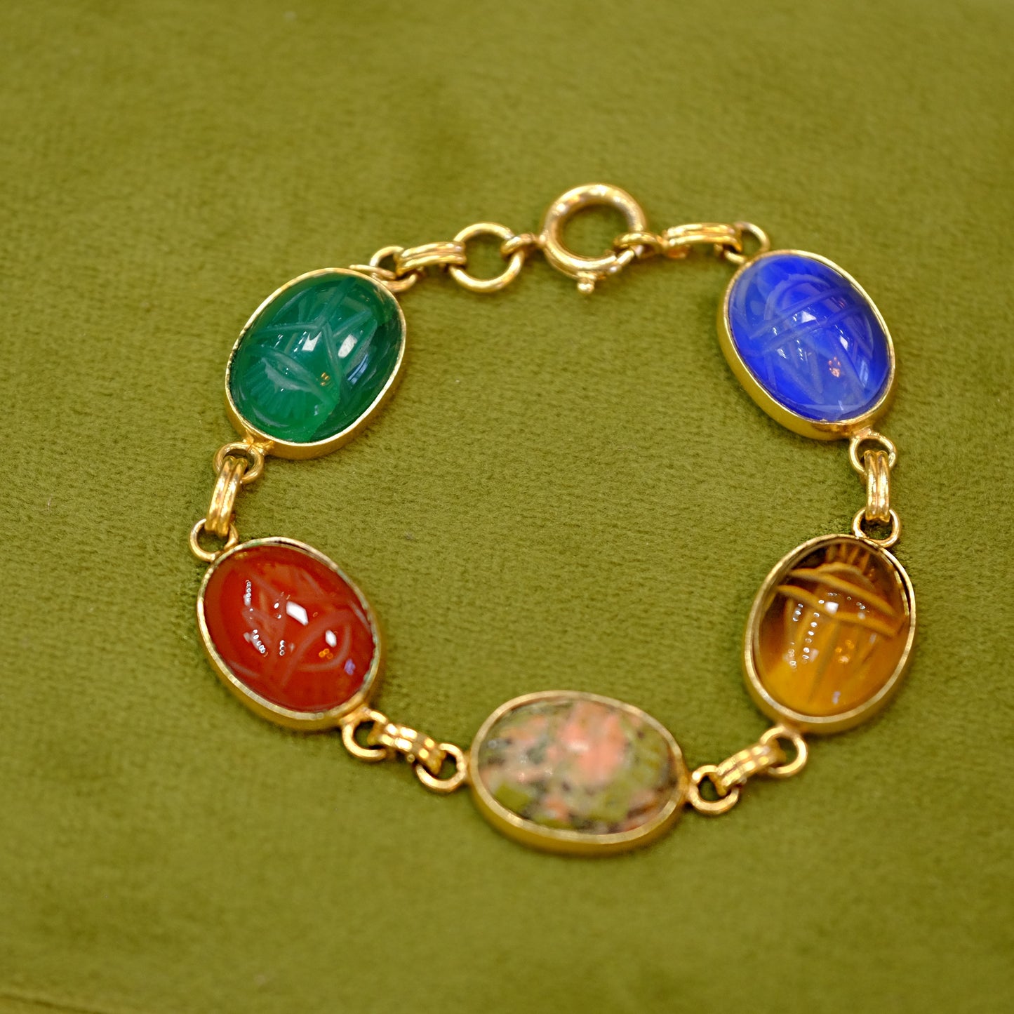 Gold-Filled Bracelet with Multicolored Scarab Stones