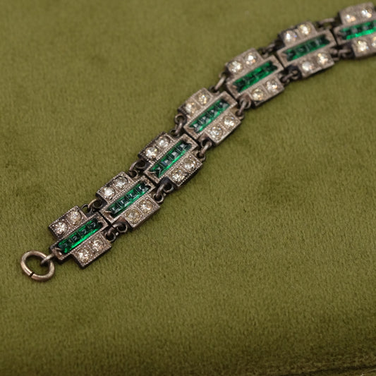 Sterling Art Deco Emerald and clear rhinestone bracelet