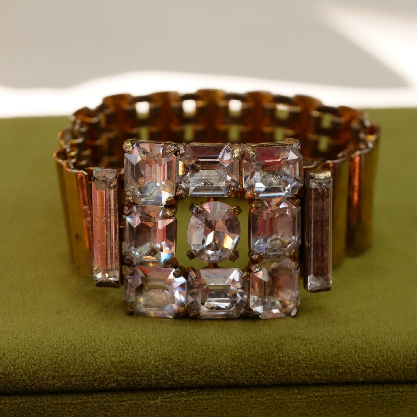 Eisenberg original goldtone band with huge clear rhinestone center 1940s