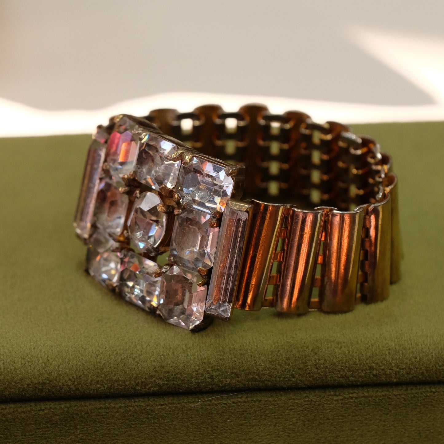 Eisenberg original goldtone band with huge clear rhinestone center 1940s