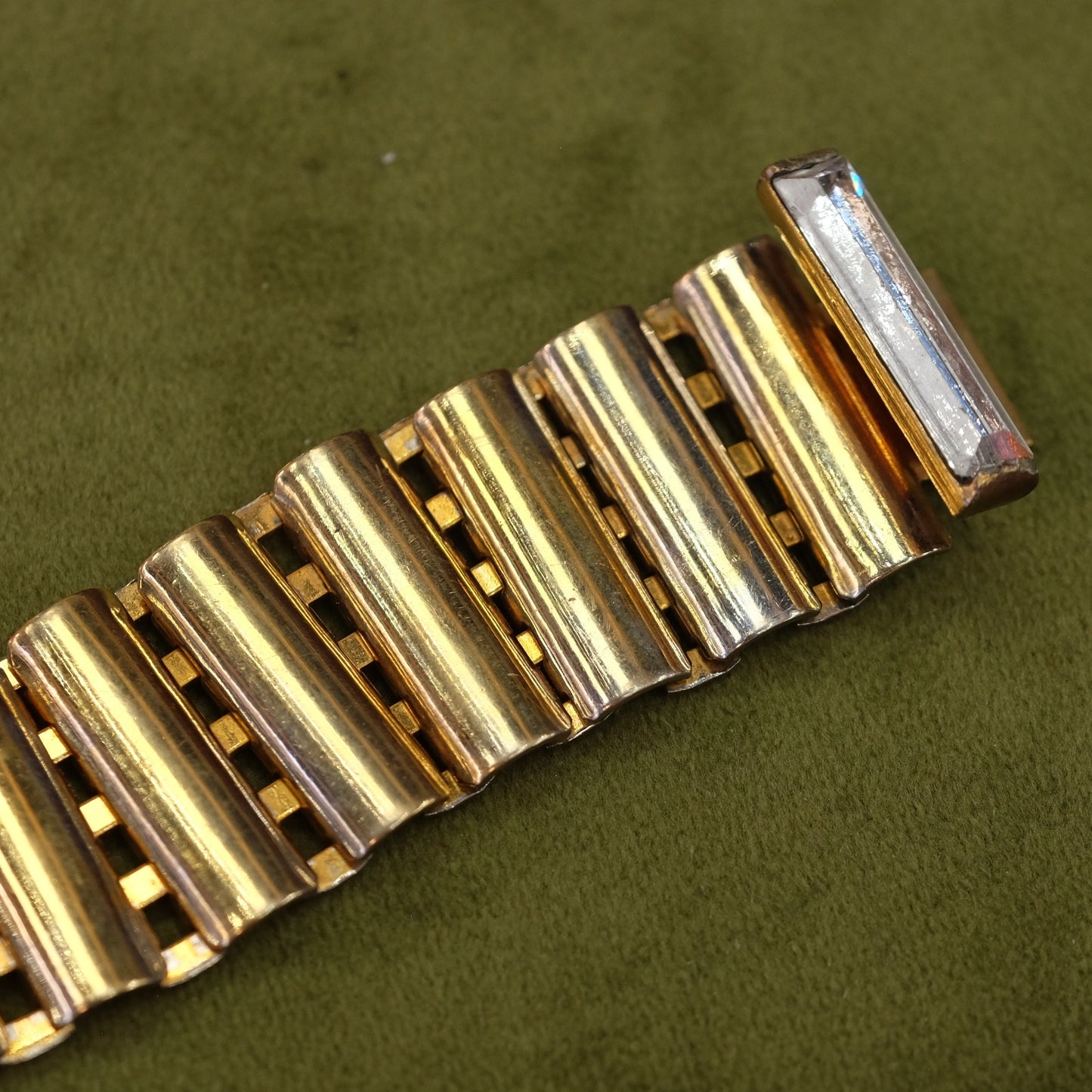 Eisenberg original goldtone band with huge clear rhinestone center 1940s