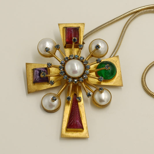 Collectible Yves Saint Laurent Multicolor Cross Pin and Pendant 1970s