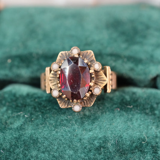 10K Victorian Garnet Seed Pearl Ring