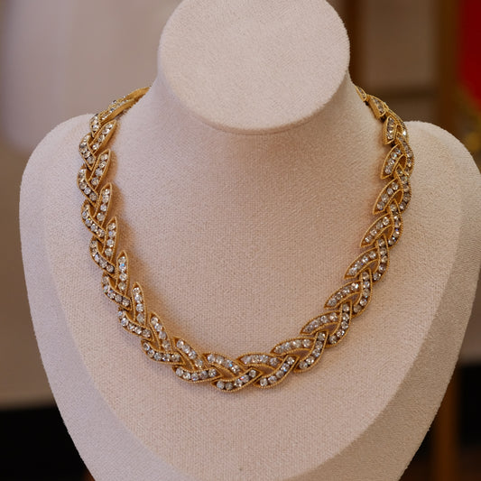 Trifari Leaf Gold Tone Rhinestone necklace 1960s