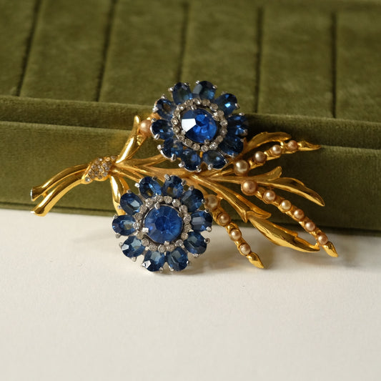 Large Coro Blue Flower Pin 1940s