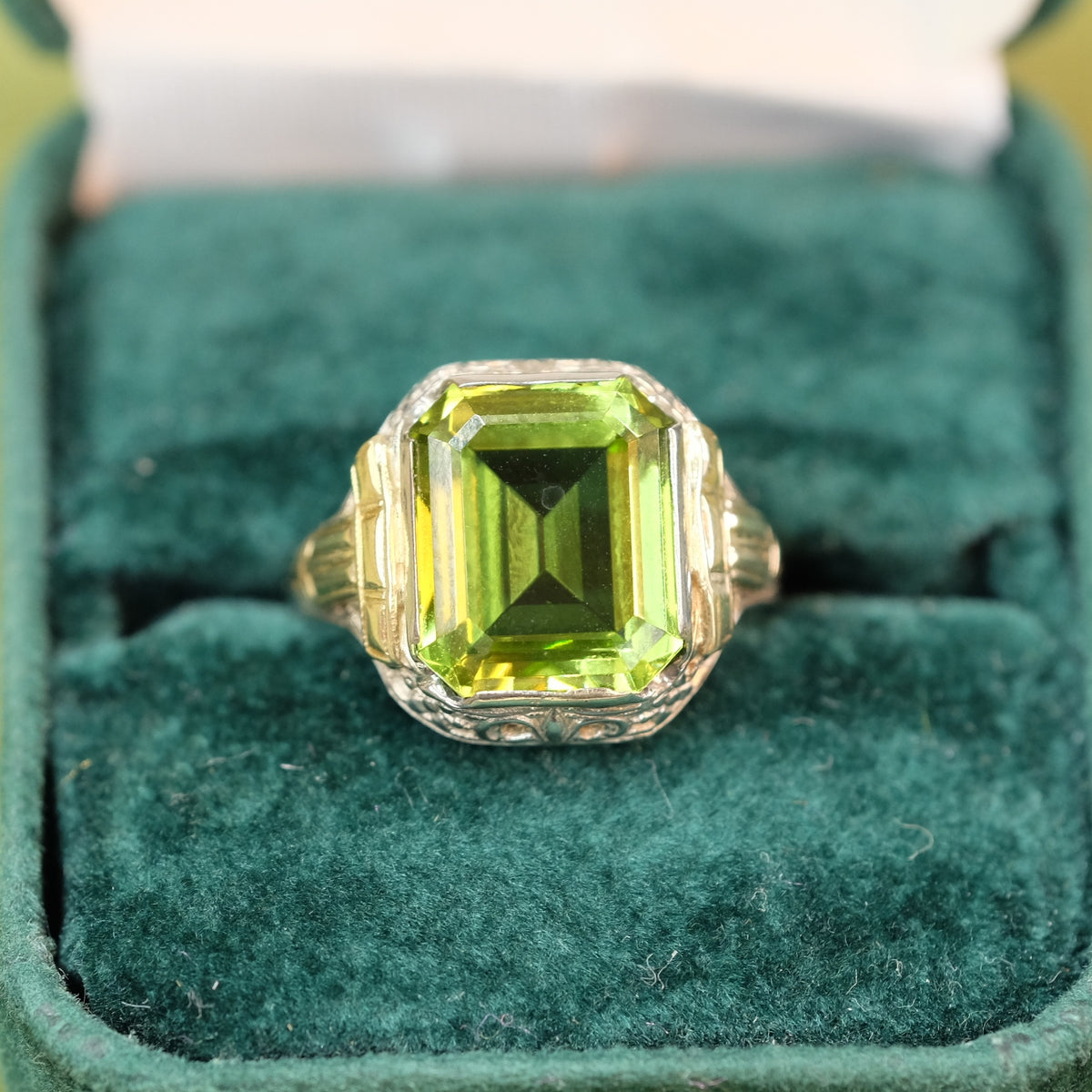 14K Gold Two Tone Peridot Emerald Cut Ring