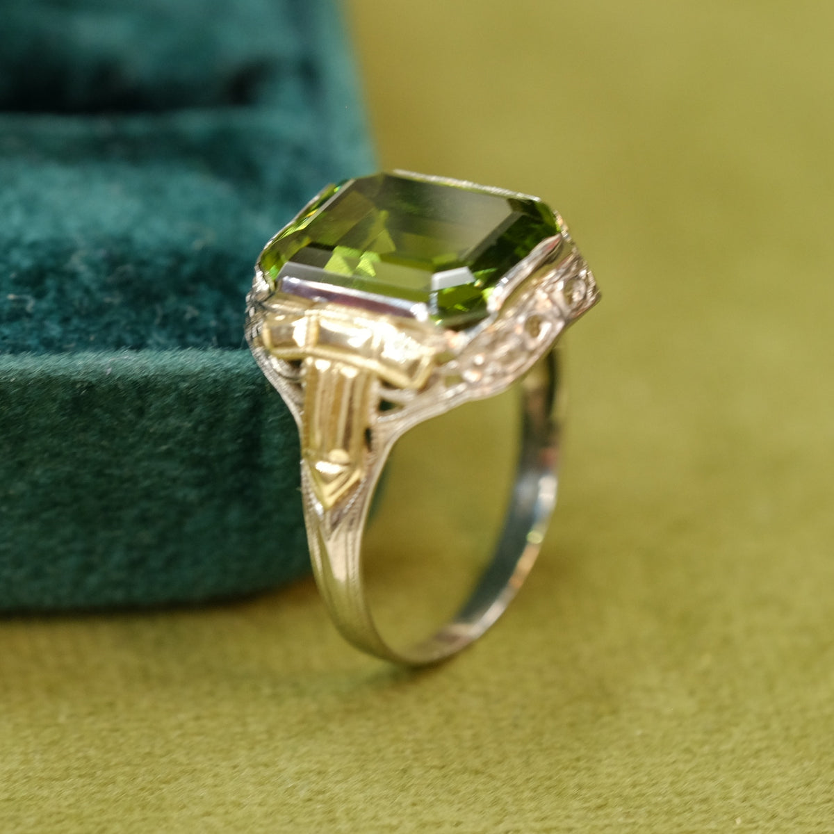 14K Gold Two Tone Peridot Emerald Cut Ring