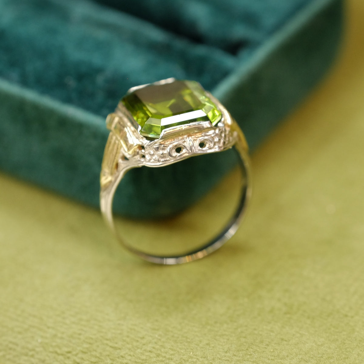 14K Gold Two Tone Peridot Emerald Cut Ring