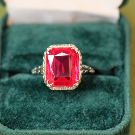14K White Gold Filigree Art Deco Ruby Ring
