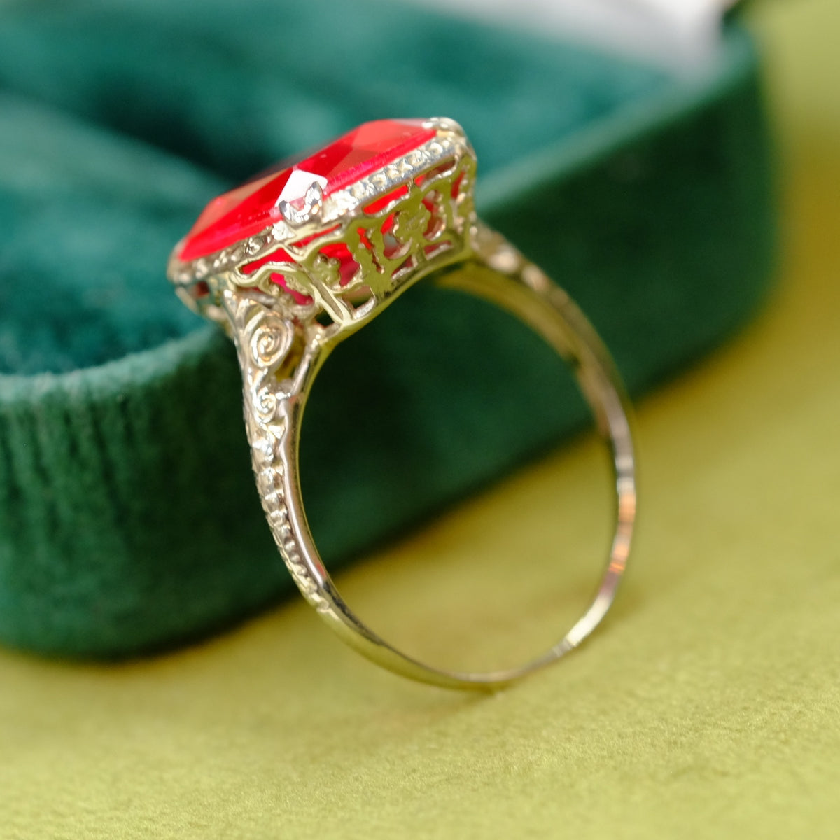 14K White Gold Filigree Art Deco Ruby Ring