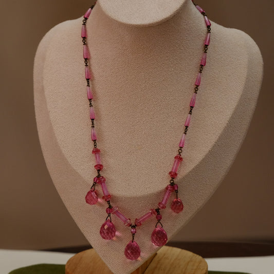 Czech pink glass necklace with faceted dangle balls
