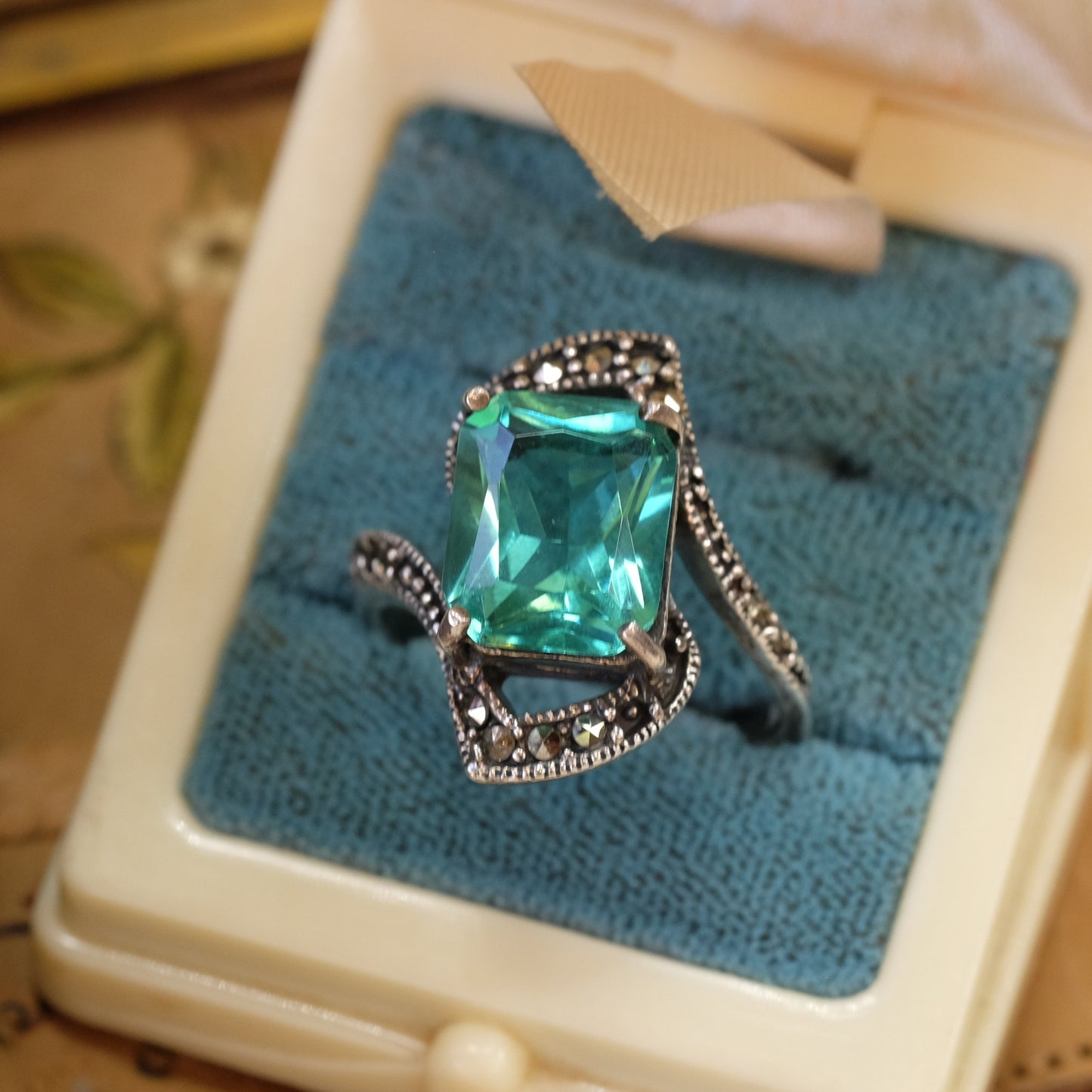 Sterling Silver Green Glass Marcasite Ring