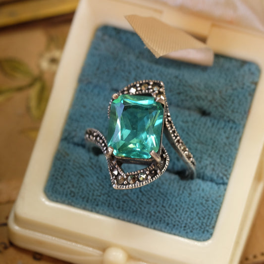 Sterling Silver Green Glass Marcasite Ring