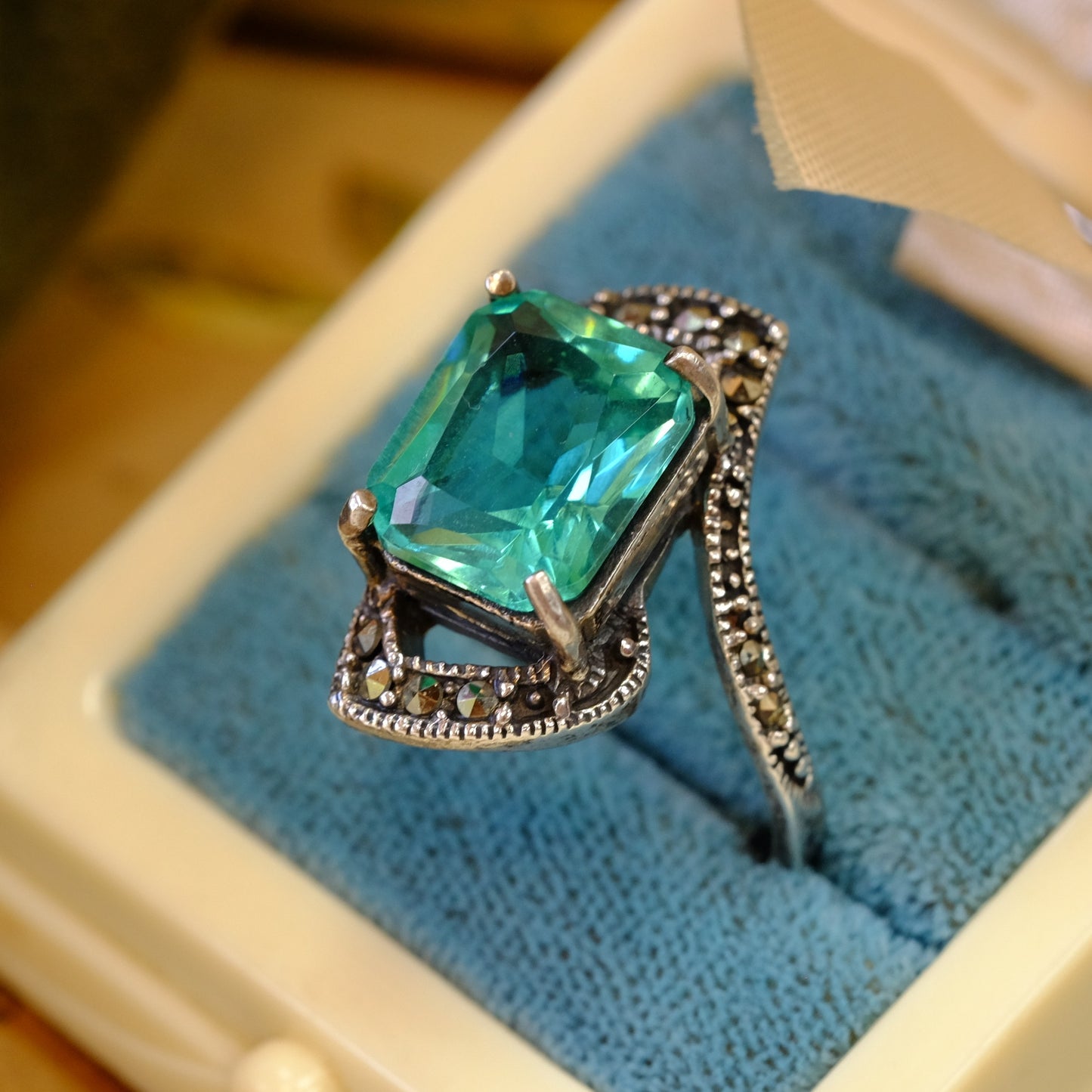 Sterling Silver Green Glass Marcasite Ring