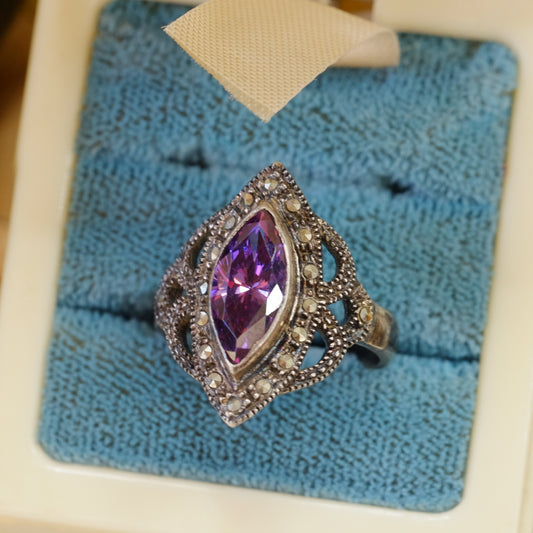 Silver Oblong Purple Glass Ring