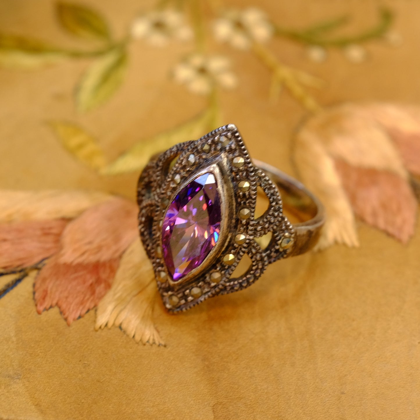 Silver Oblong Purple Glass Ring