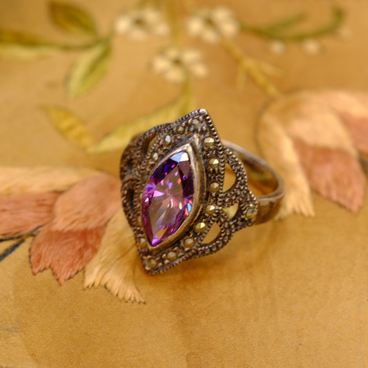 Silver Oblong Purple Glass Ring