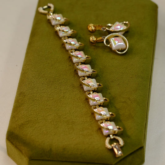 Vintage goldtone with opalescent square stones bracelet and earrings
