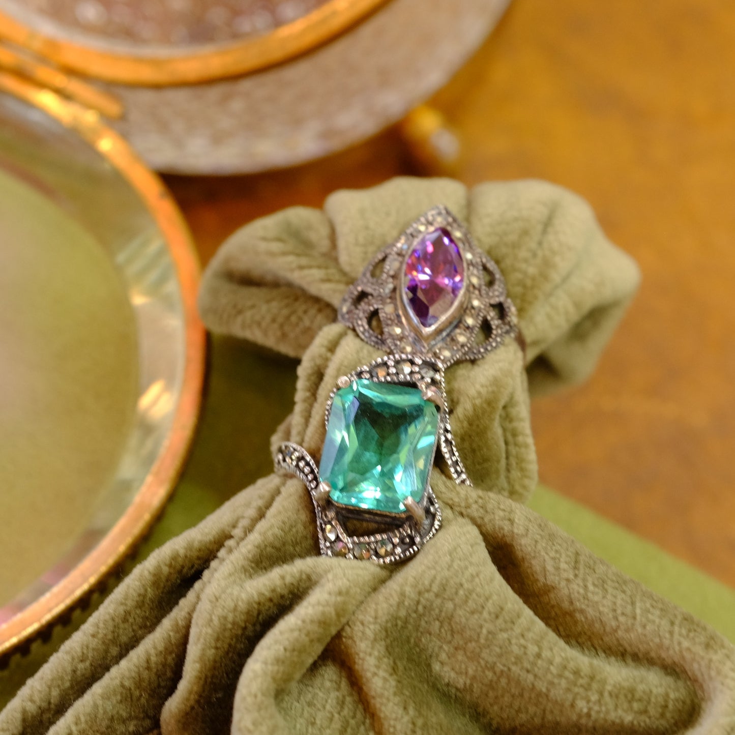 Silver Oblong Purple Glass Ring