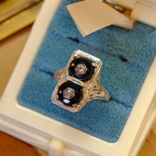 14K Gold Filigree Onyx and Diamond Ring