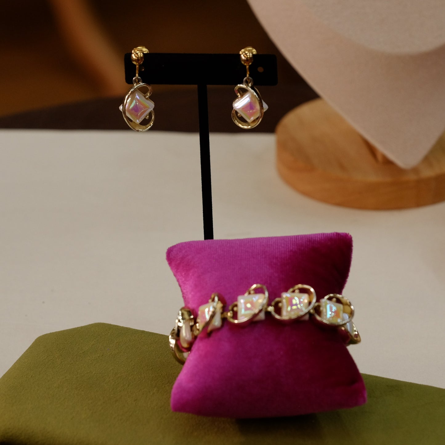 Vintage goldtone with opalescent square stones bracelet and earrings