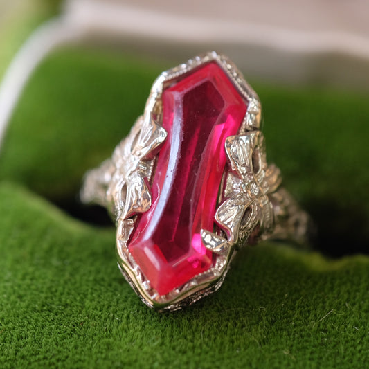 14K White Gold Octagonal Ruby Art Deco Ring