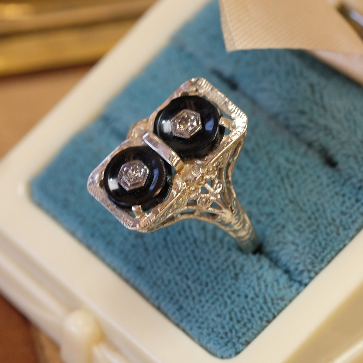 14K Gold Filigree Onyx and Diamond Ring